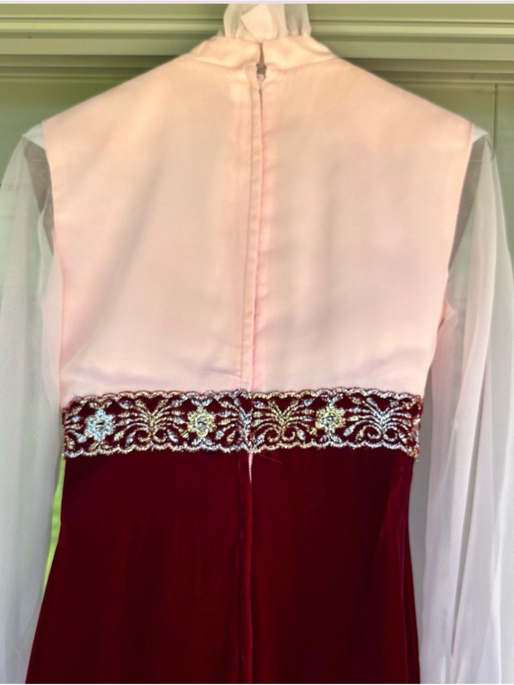 Vintage 1960 Burgundy Velvet Maxi Dress with Pink Bodice - Picture 3 of 5